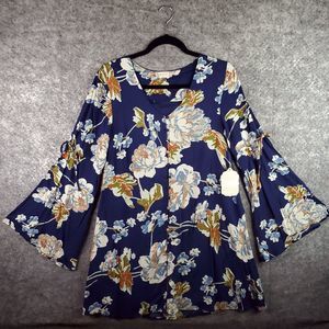Altar'd State Dress Womens Small Blue Floral Bell Sleeve Button Up A-Line